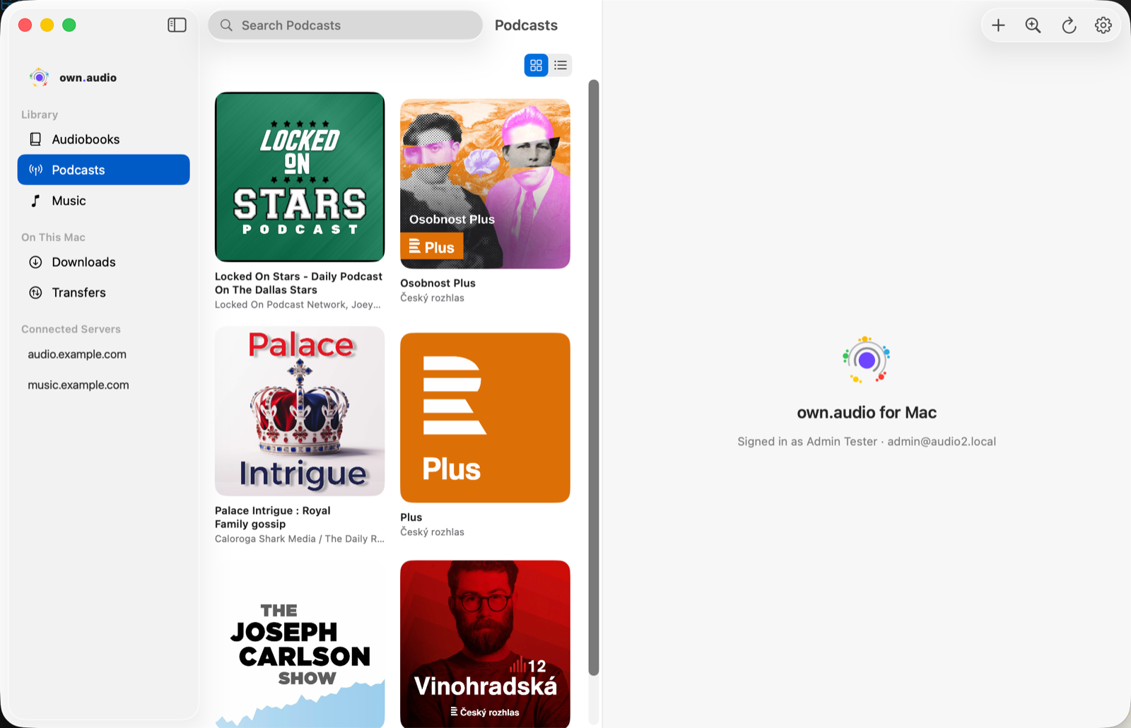 The Podcasts section of the own.audio Mac app, showing subscribed show artwork in a grid with show and publisher names.
