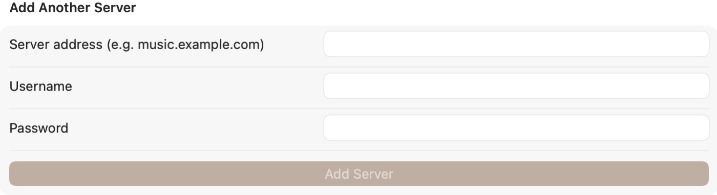 The Add Another Server form in own.audio Settings, with fields for server address, username and password, and an Add Server button.