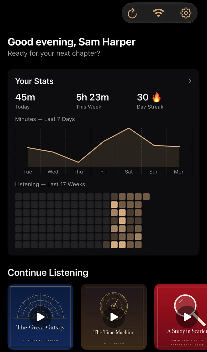 The Audiobooks app on iPhone: listening stats and continue listening