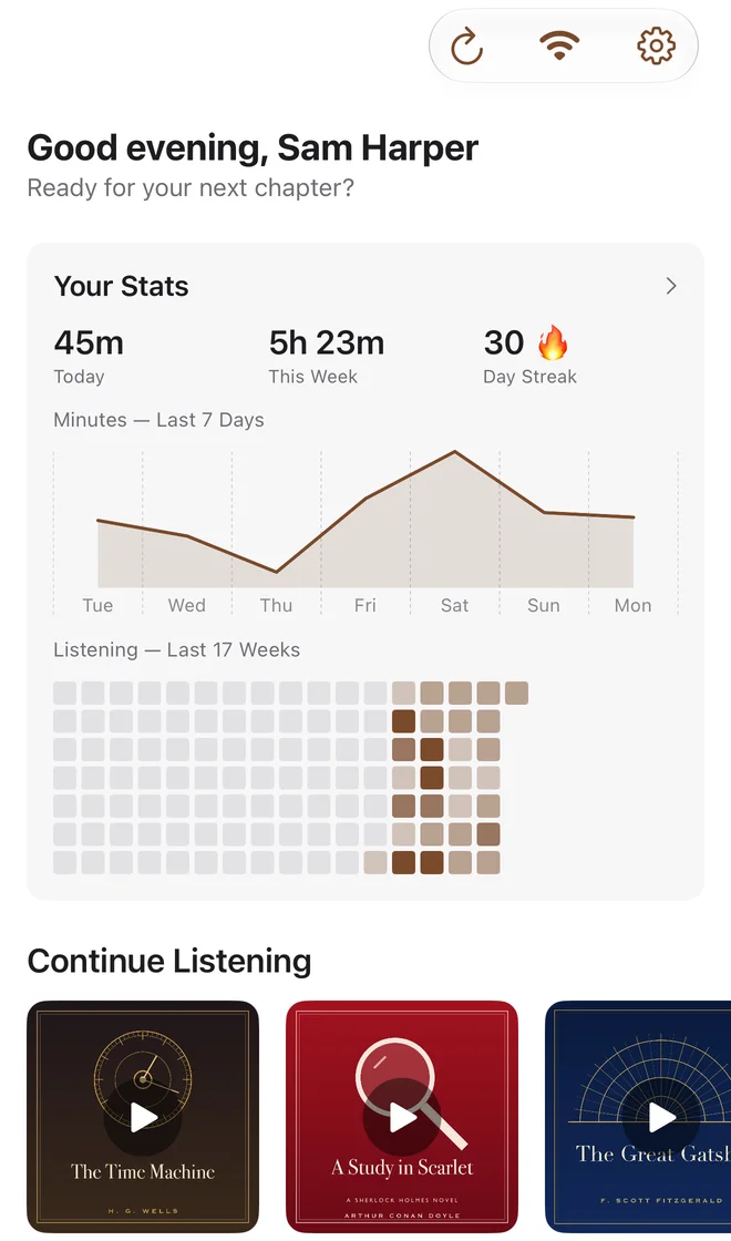 The Audiobooks app on iPhone: listening stats and continue listening