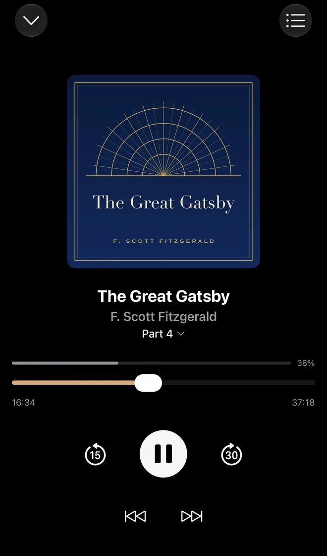 The Audiobooks app on iPhone, 38% into The Great Gatsby
