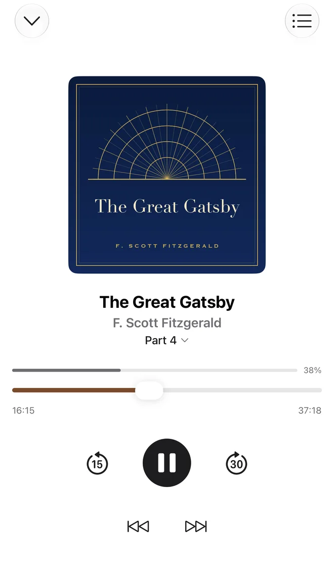 The Audiobooks app on iPhone, 38% into The Great Gatsby