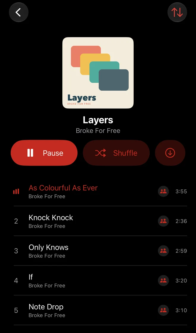 The Music app on iPhone: an album and its tracks