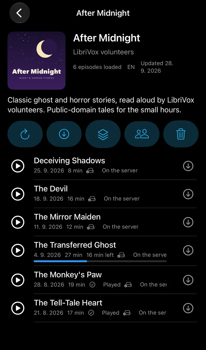 The Podcasts app on iPhone: a show and its episodes