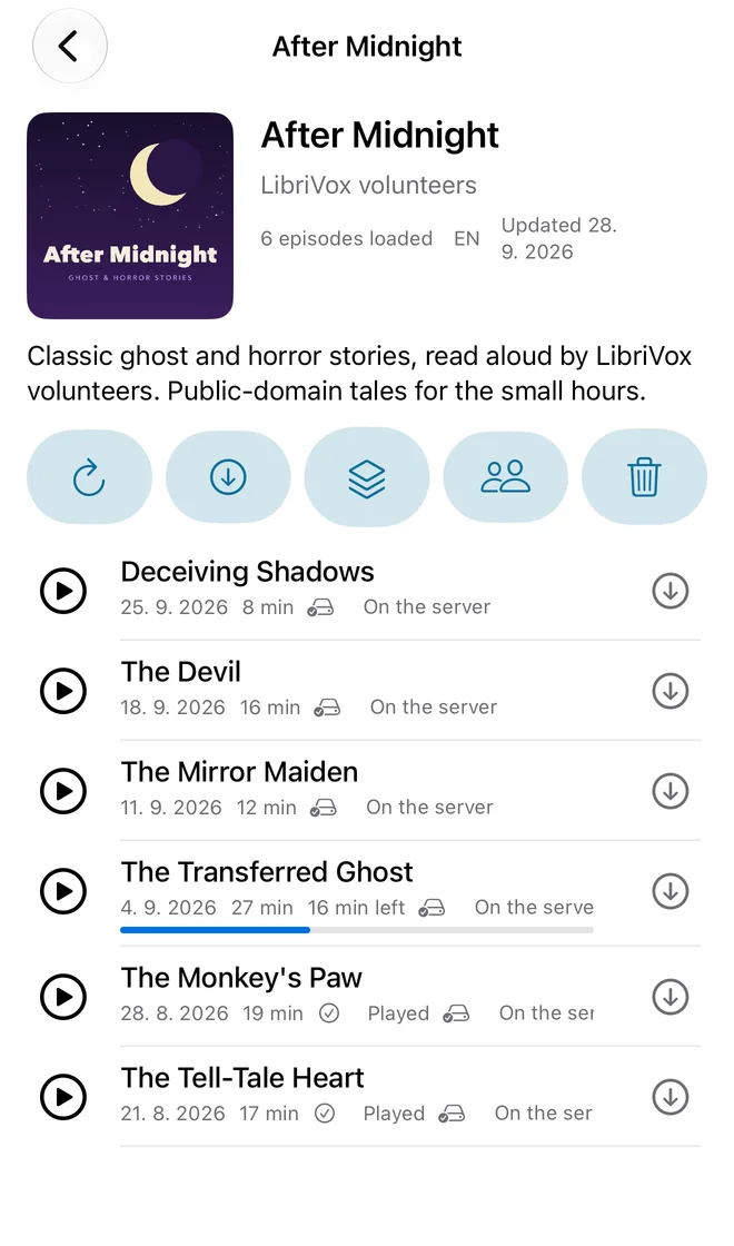 The Podcasts app on iPhone: a show and its episodes