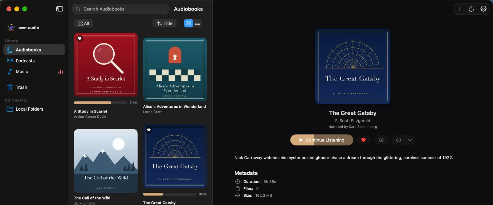 The own.audio Mac app: the audiobook library with The Great Gatsby open