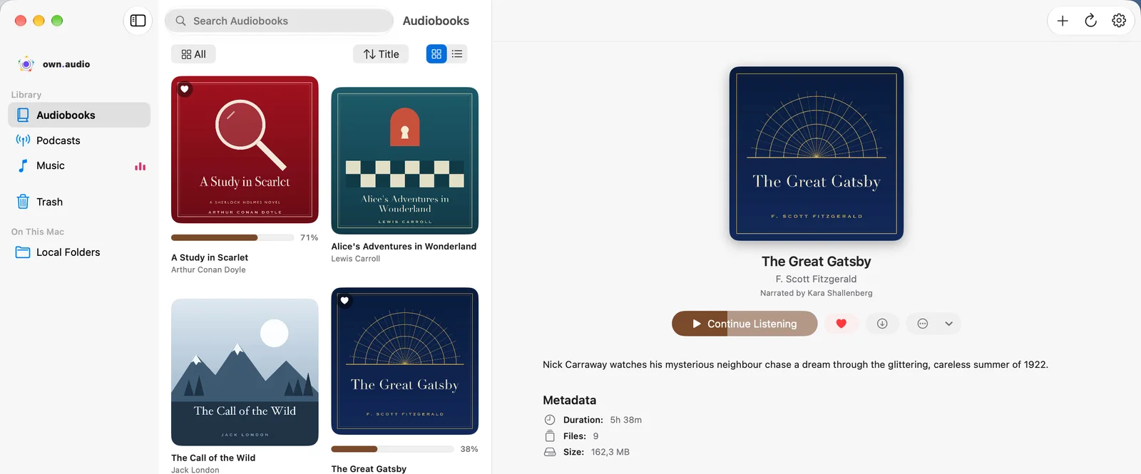The own.audio Mac app: the audiobook library with The Great Gatsby open
