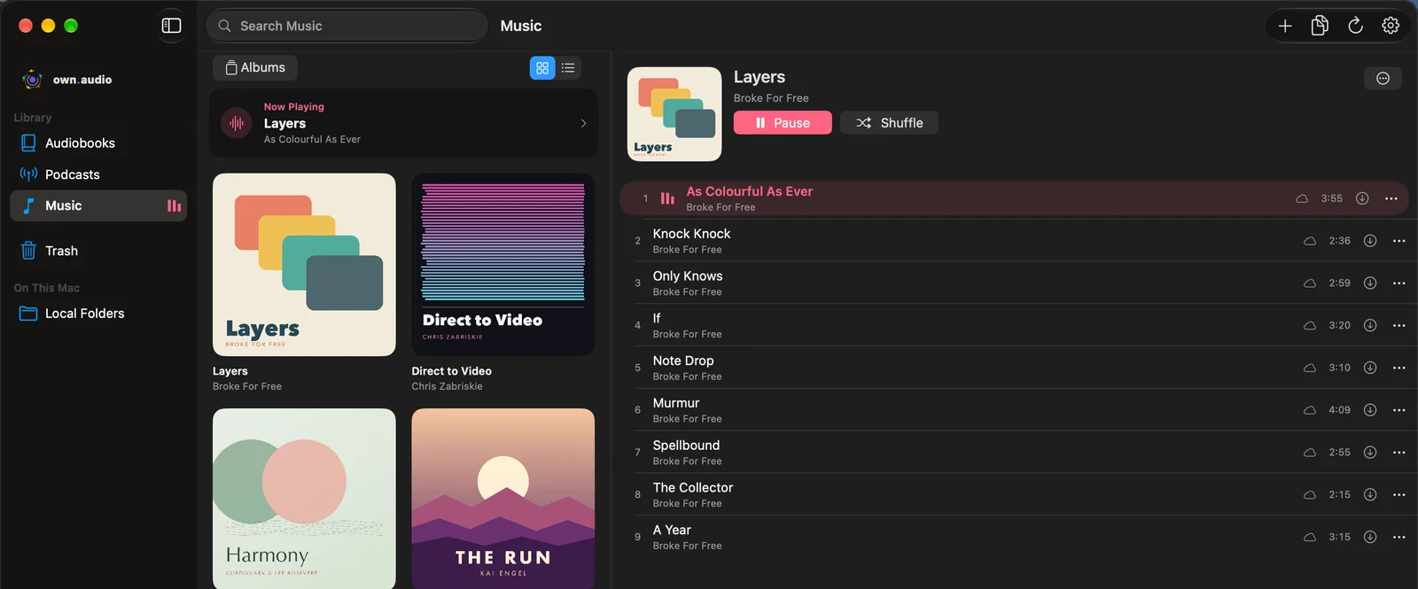 The own.audio Mac app: the music library with an album open and playing