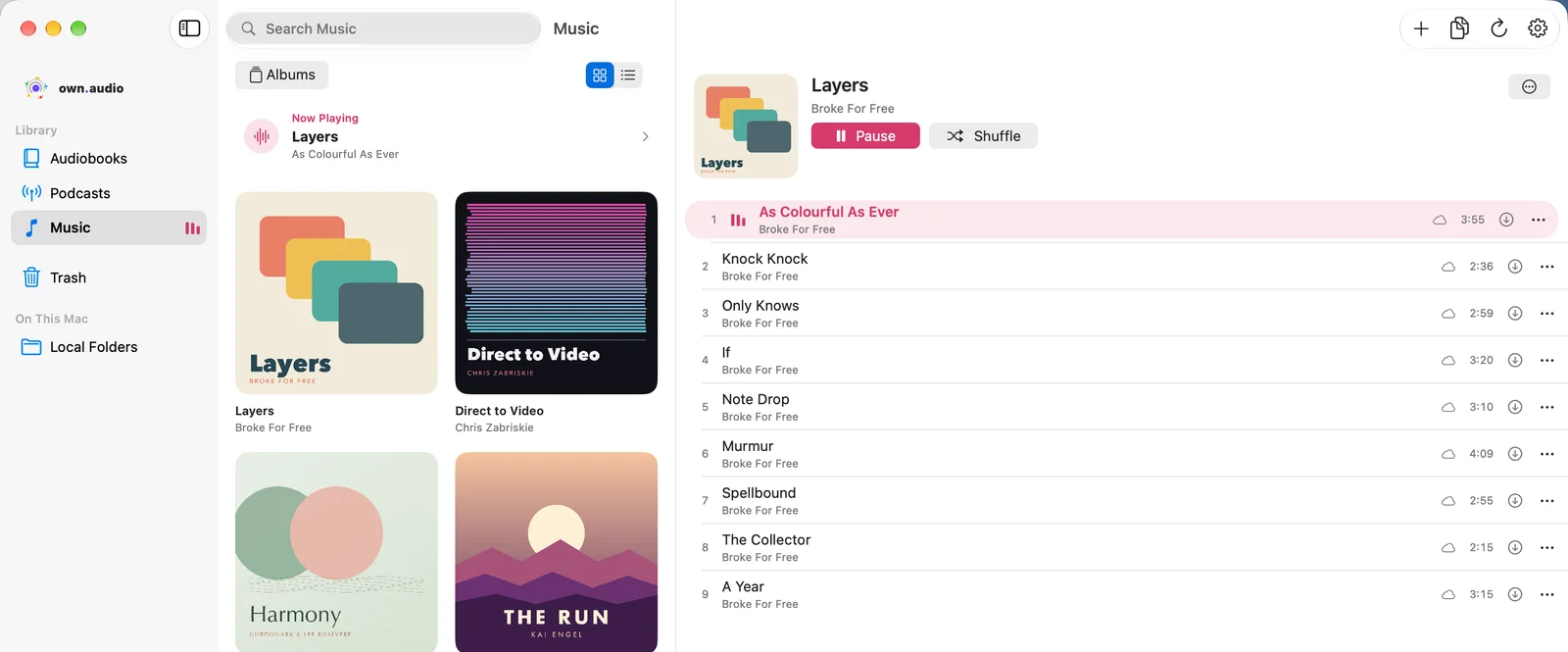 The own.audio Mac app: the music library with an album open and playing