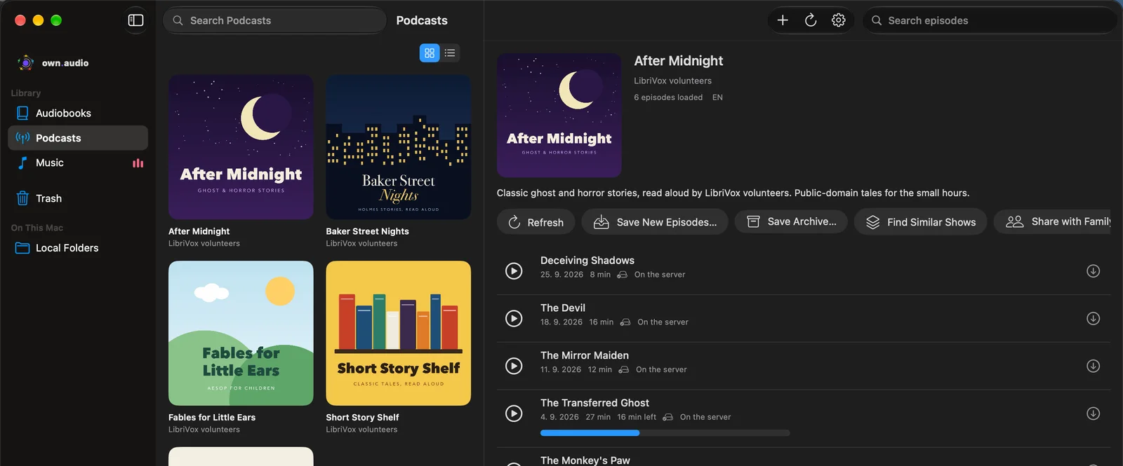 The own.audio Mac app: podcast shows with one show's episodes open