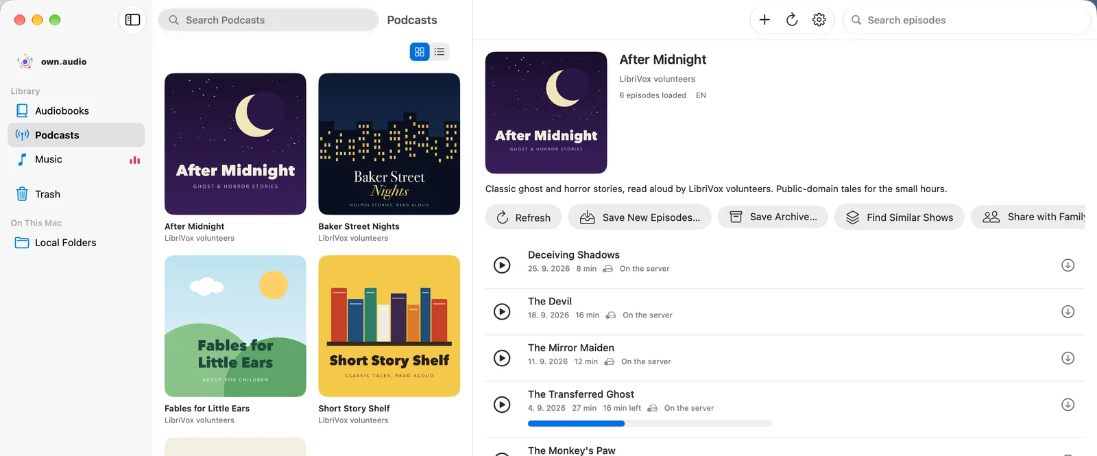 The own.audio Mac app: podcast shows with one show's episodes open
